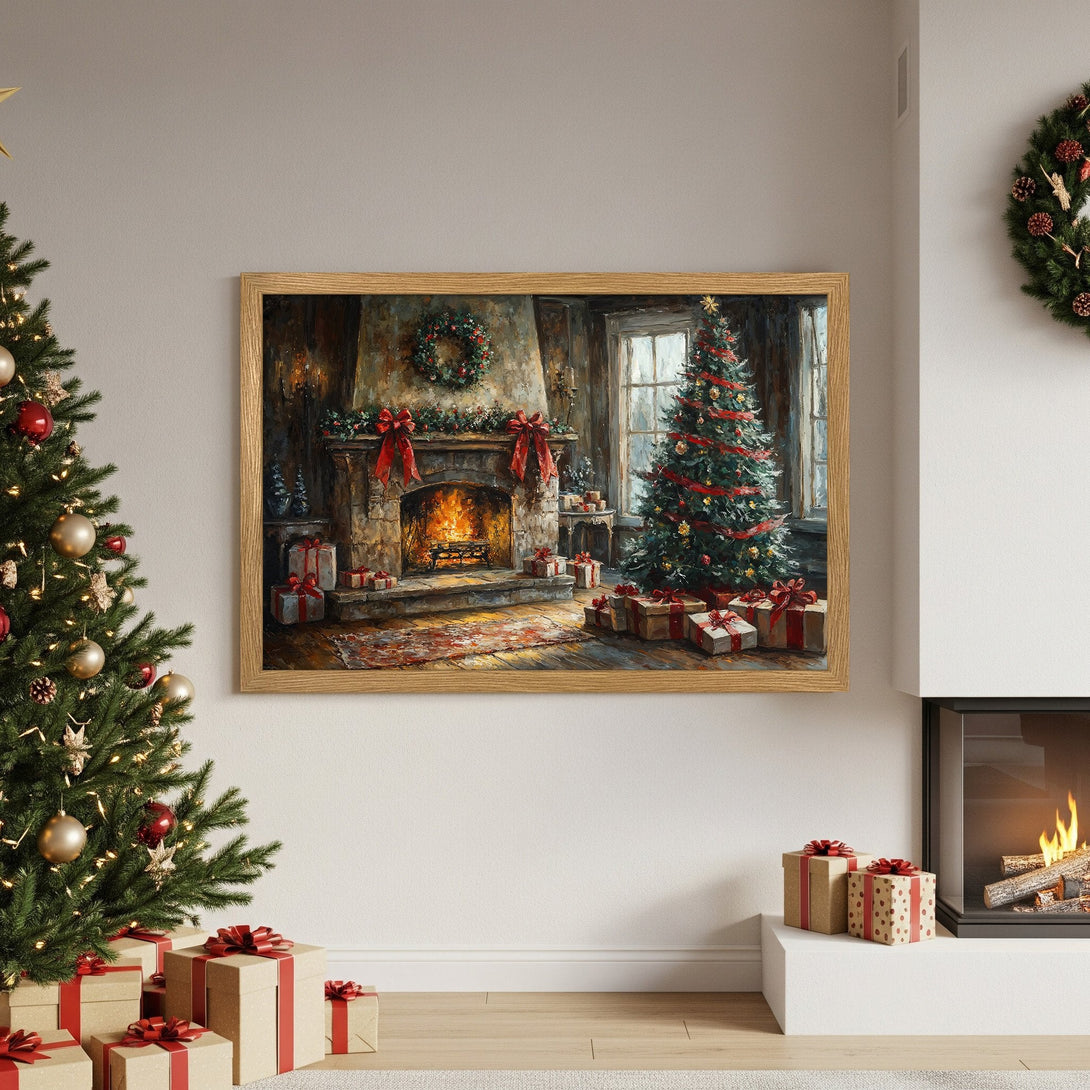 Framed Poster of a cozy Christmas scene, warm color palette, rustic style. Perfect holiday decor!