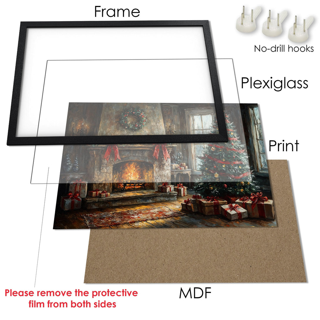 Framed Poster featuring a cozy Christmas scene with warm colors and a painterly style. Perfect holiday decor!