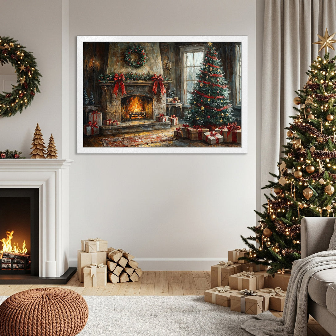 Framed Poster featuring a cozy Christmas scene with a fireplace and tree. Warm, inviting colors in a painterly style. Perfect holiday decor.