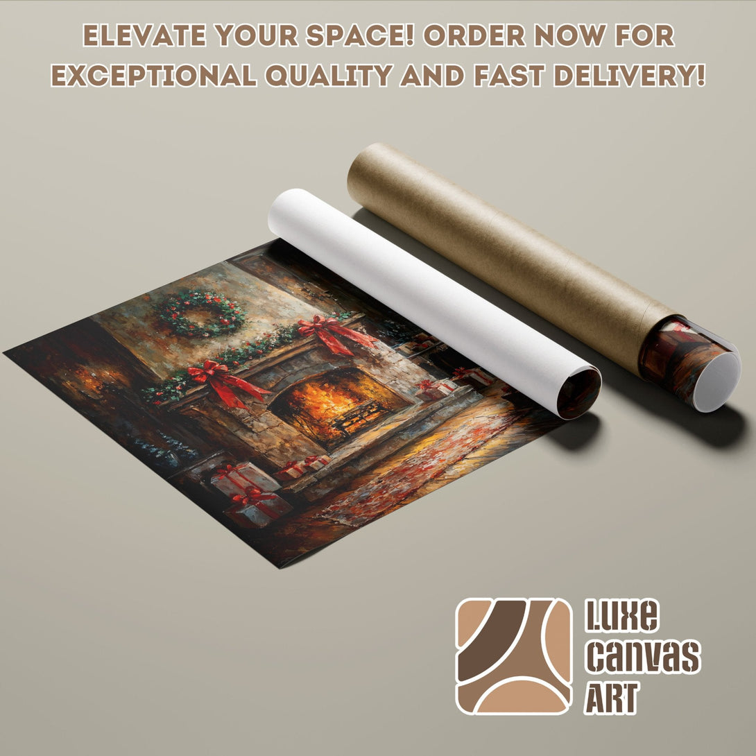 Poster Roll featuring a cozy fireplace painting in warm, rich colors. Perfect wall art!