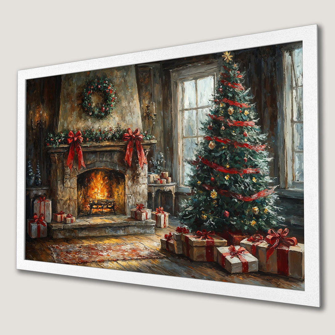 Framed Poster featuring a cozy Christmas scene. Warm, inviting painting style with a palette of reds, greens, and browns. Perfect holiday decor!