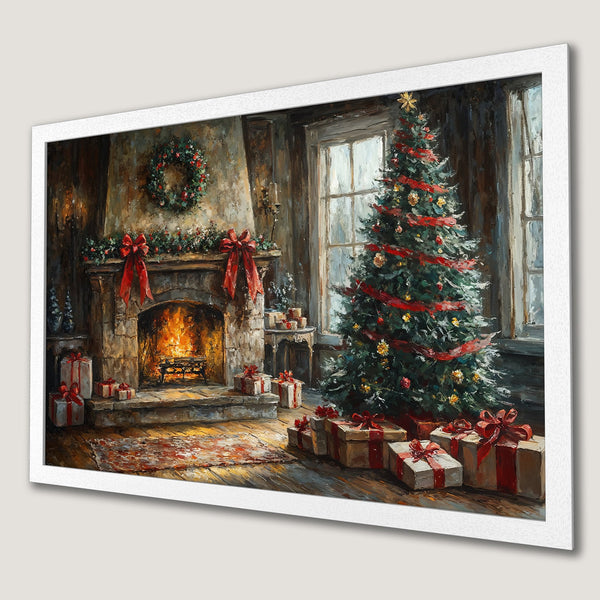 Framed Poster featuring a cozy Christmas scene. Warm, inviting painting style with a palette of reds, greens, and browns. Perfect holiday decor!