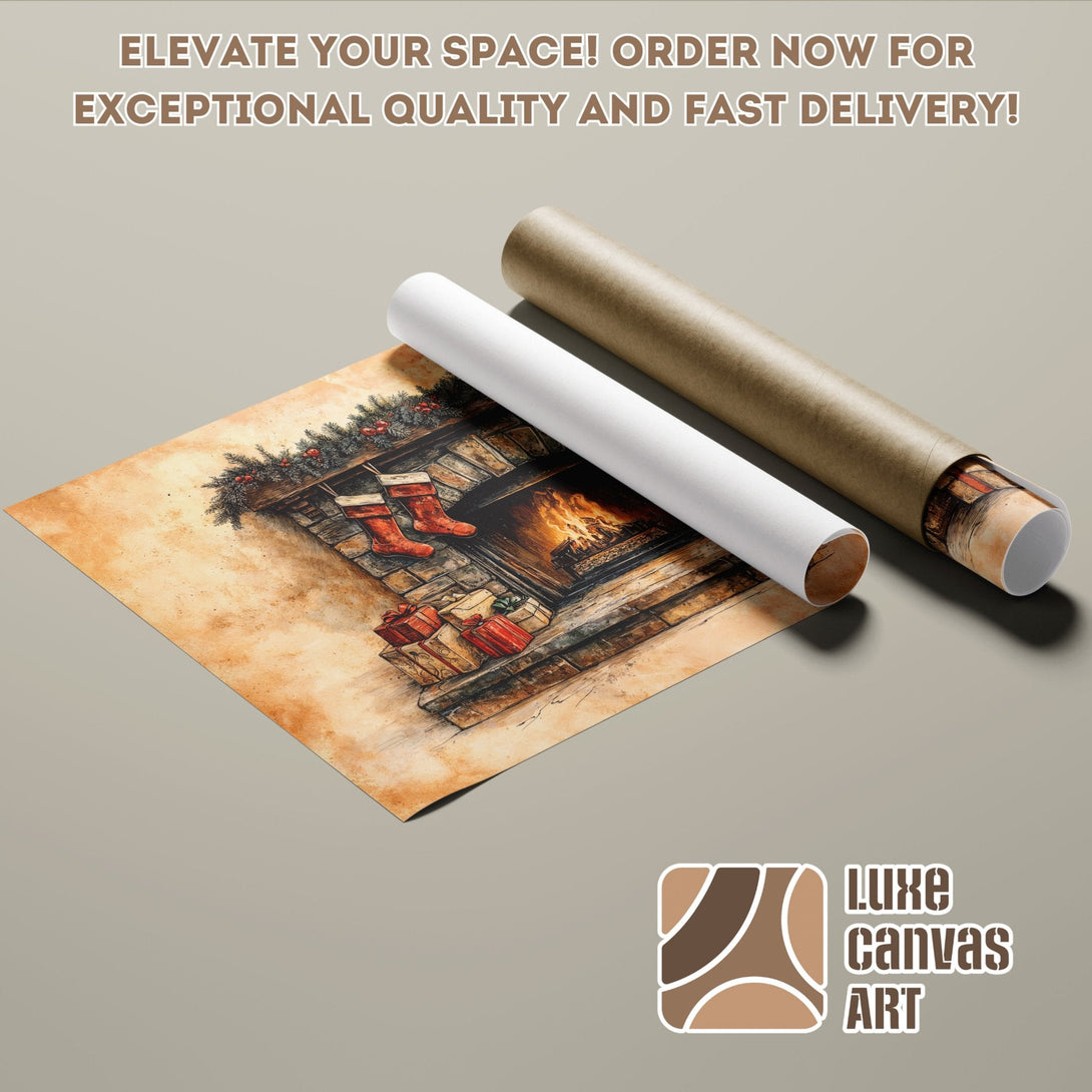 Poster Roll featuring a cozy fireplace scene, warm color palette, perfect for holiday decor.