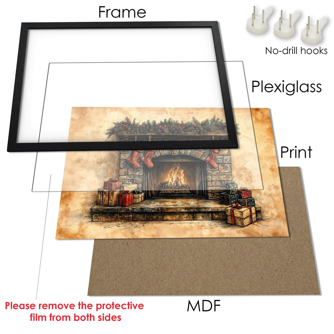 Framed Poster featuring a cozy fireplace scene in warm, rustic tones. Perfect holiday decor!