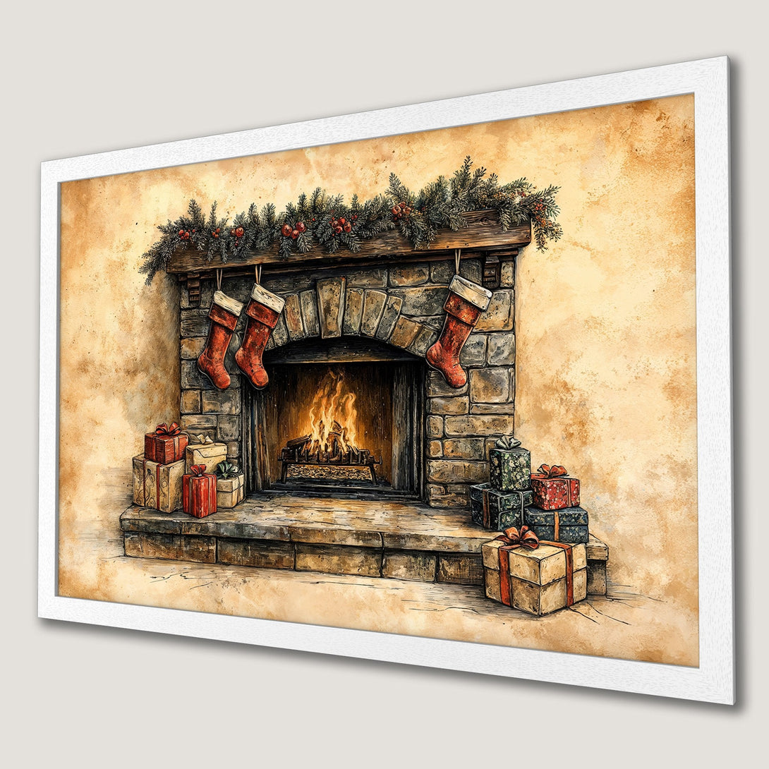 Framed Poster featuring a cozy Christmas fireplace scene. Watercolor style with warm, inviting tones of red, brown, and green. Perfect holiday decor!