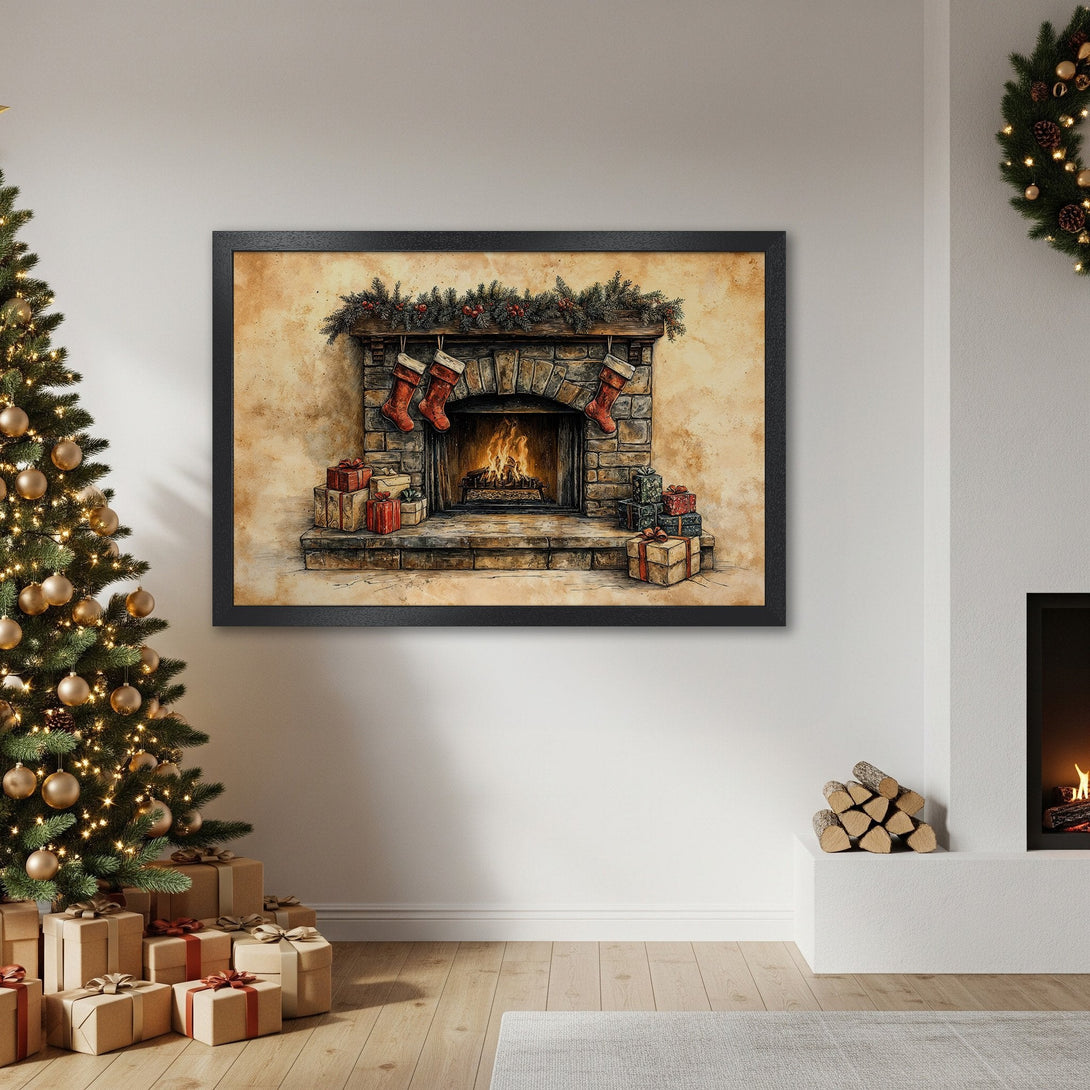 Framed Poster featuring cozy Christmas fireplace scene in warm, neutral tones. Perfect holiday decor!