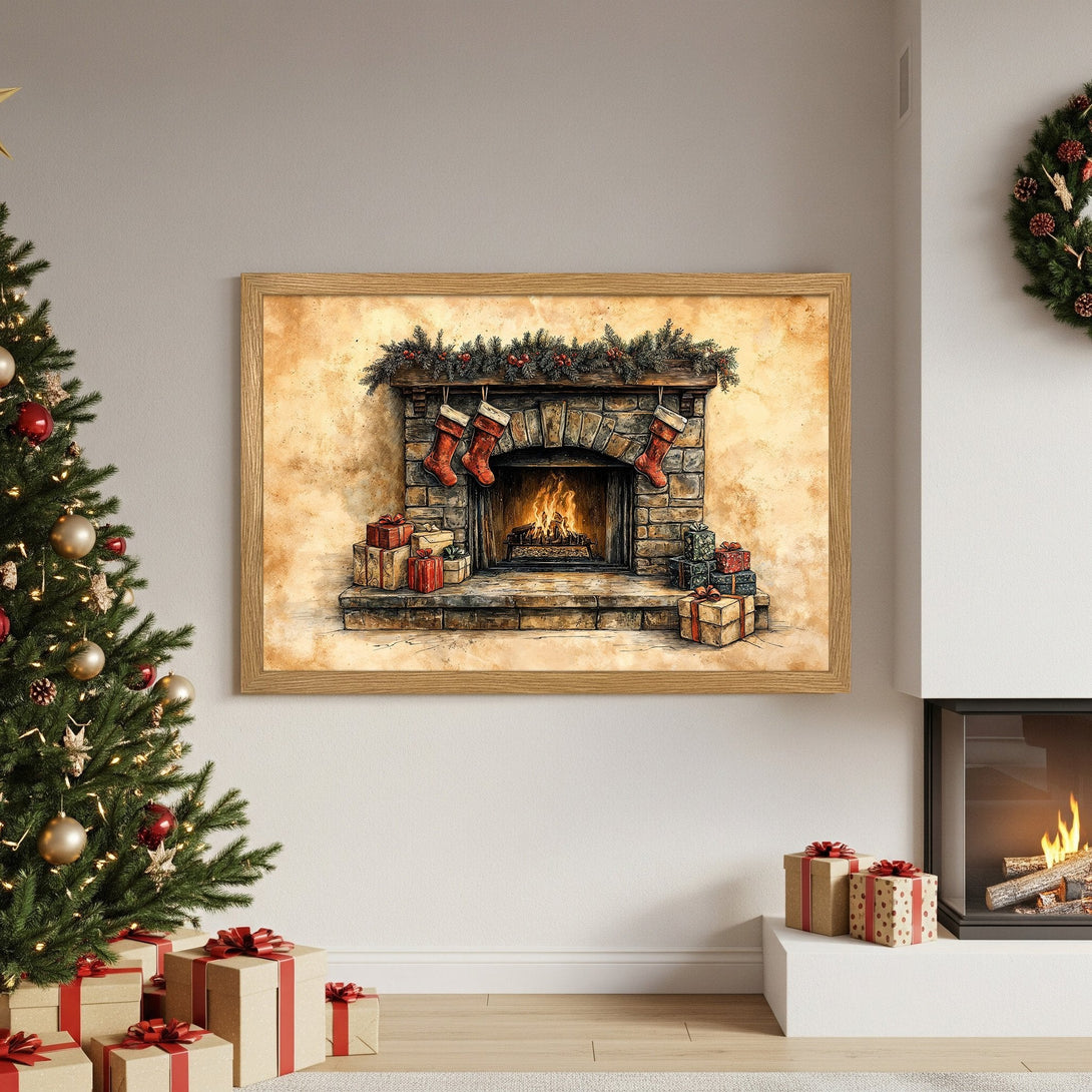 Framed Poster featuring a cozy Christmas fireplace illustration in warm tones, perfect holiday decor.