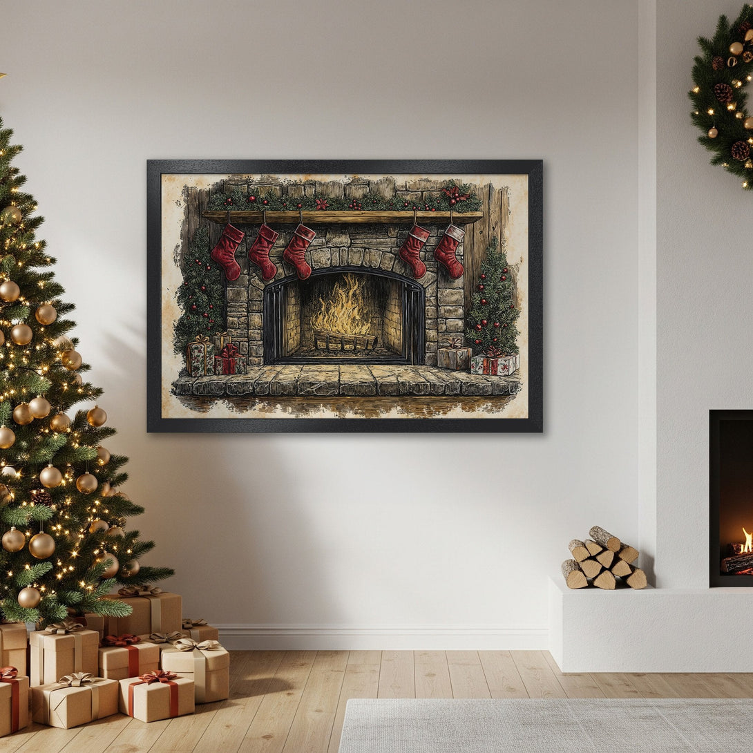 Framed Poster of a cozy Christmas fireplace scene in a vintage style, featuring red, green, and warm earth tones. Perfect holiday decor!