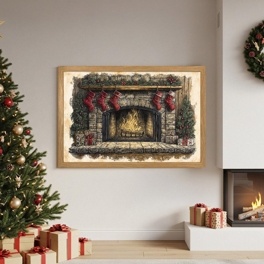 Framed Poster featuring a cozy Christmas fireplace scene. Vintage style with warm reds, greens, and browns. Perfect holiday decor!