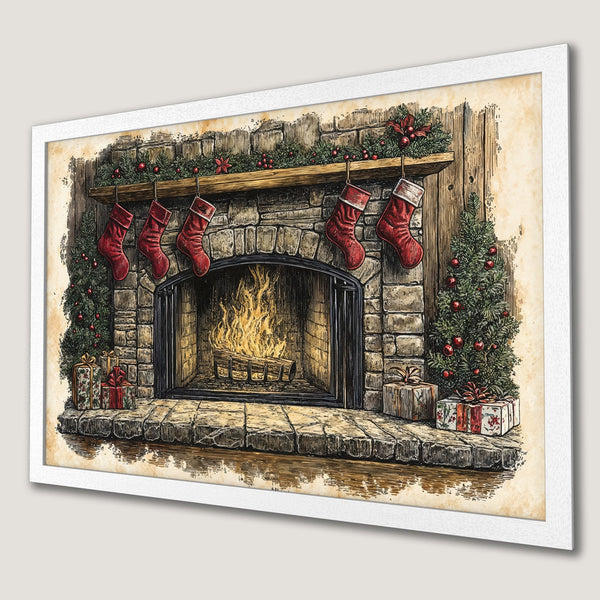 Framed Poster of a cozy Christmas fireplace scene in vintage style with red and green accents. Perfect holiday decor!