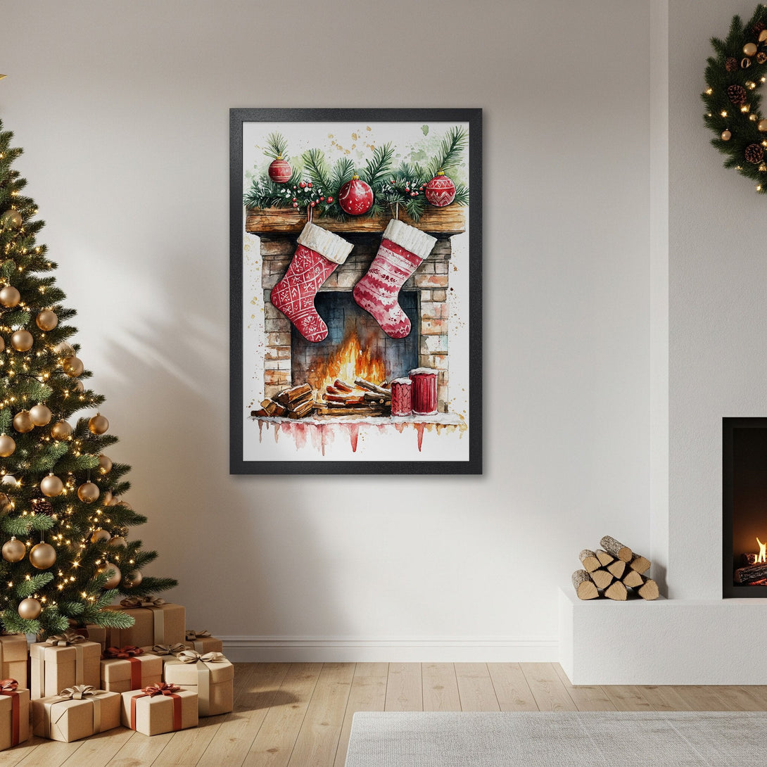 Framed Poster of watercolor Christmas fireplace with red stockings, festive decor, warm tones. Perfect holiday art!