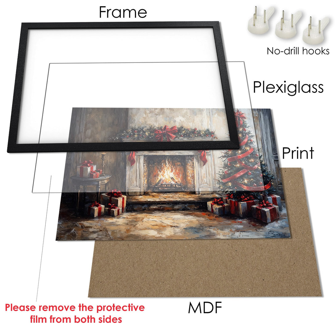 Framed Poster featuring a cozy Christmas scene in a warm, neutral palette. Perfect holiday decor!