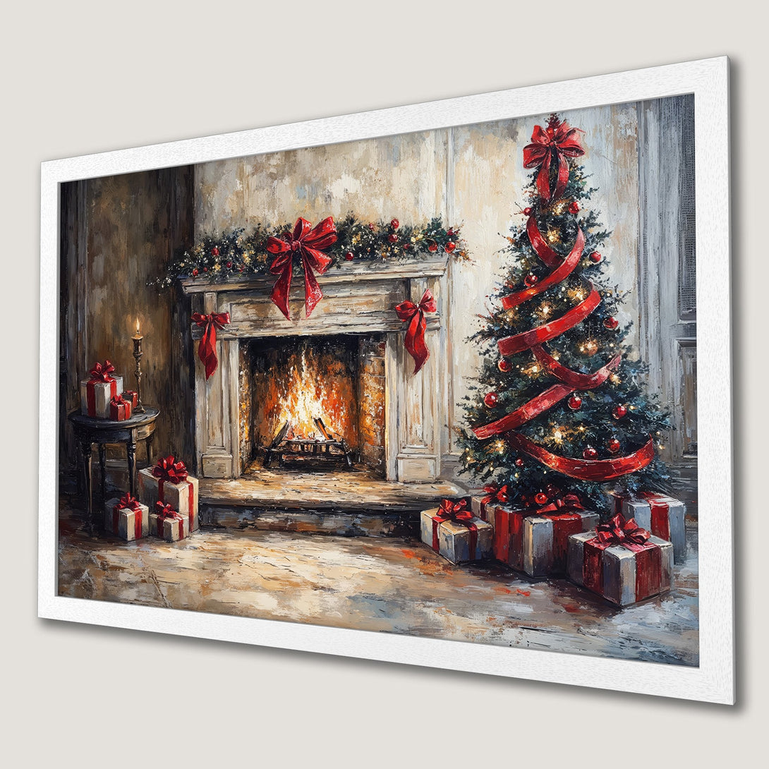 Framed Poster featuring a cozy Christmas scene with a fireplace, tree, and gifts. Warm, inviting style with a red and neutral color palette.