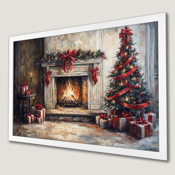 Framed Poster featuring a cozy Christmas scene with a fireplace, tree, and gifts. Warm, inviting style with a red and neutral color palette.