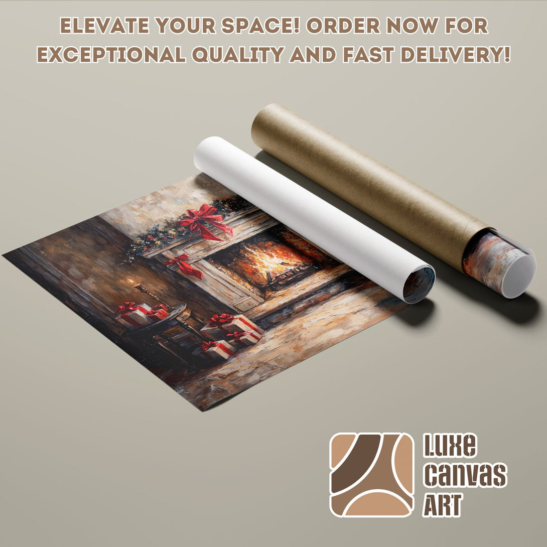 Poster Roll featuring a fireplace painting in warm tones, perfect for home decor.