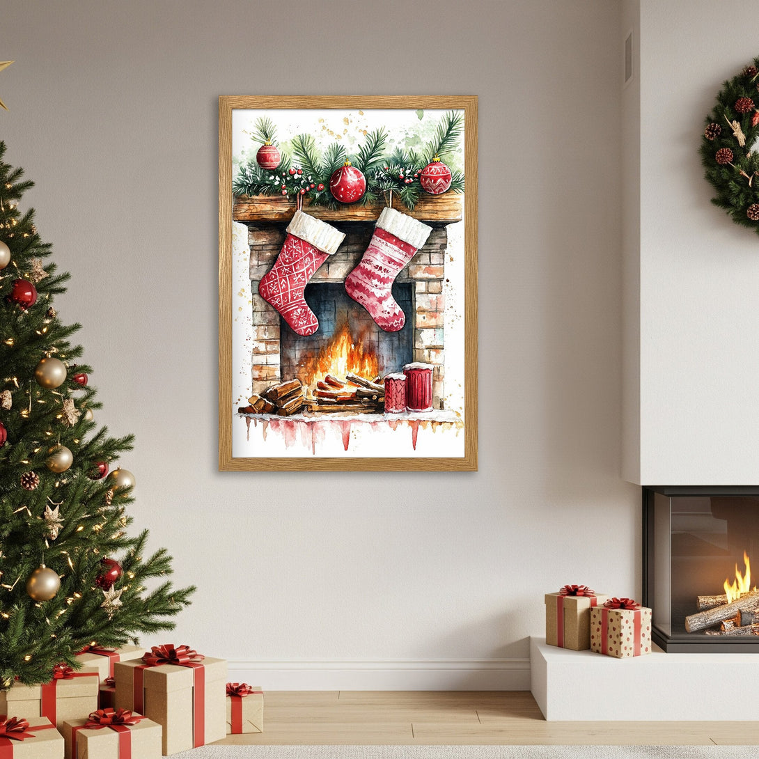 Framed Poster featuring a watercolor Christmas scene with stockings, warm red and green tones. Perfect holiday decor!