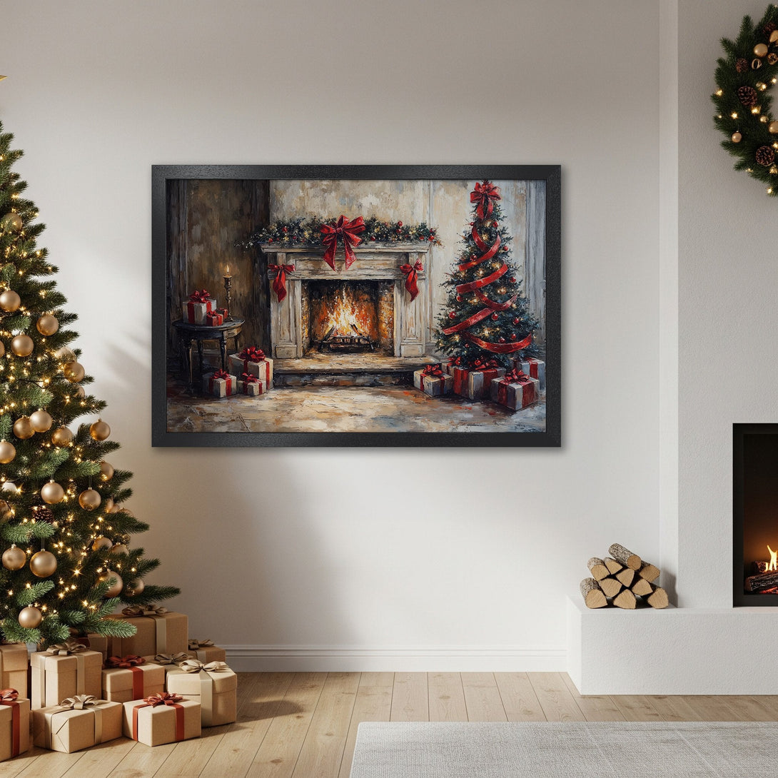Framed Poster: Christmas scene with fireplace, tree, and gifts. Warm, inviting style with red and gold accents. Perfect holiday decor.