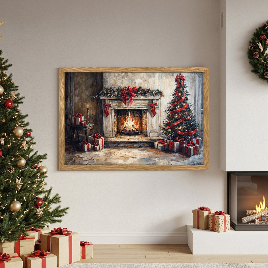 Framed Poster featuring a cozy Christmas scene with a fireplace, warm colors, and festive decor. Perfect holiday art!
