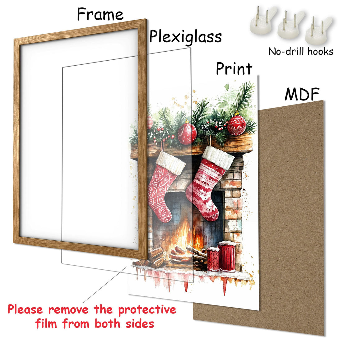 Framed Poster featuring a watercolor Christmas scene with stockings, fireplace, and festive decor. Warm red, green, and brown color palette.