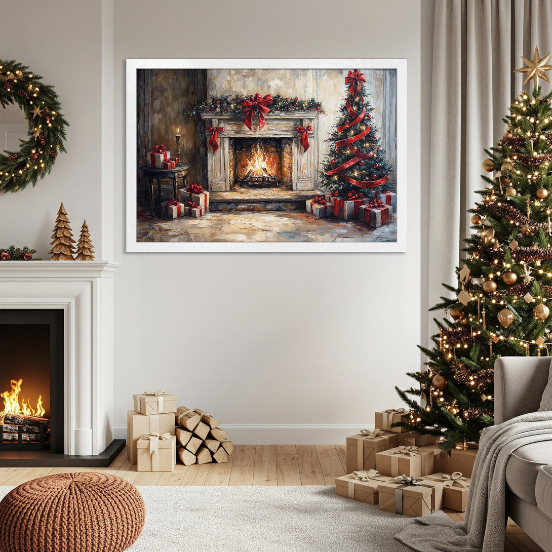 Framed Poster of a cozy Christmas scene, featuring a fireplace and tree. Warm, inviting style with a neutral and red color palette. Perfect holiday decor!