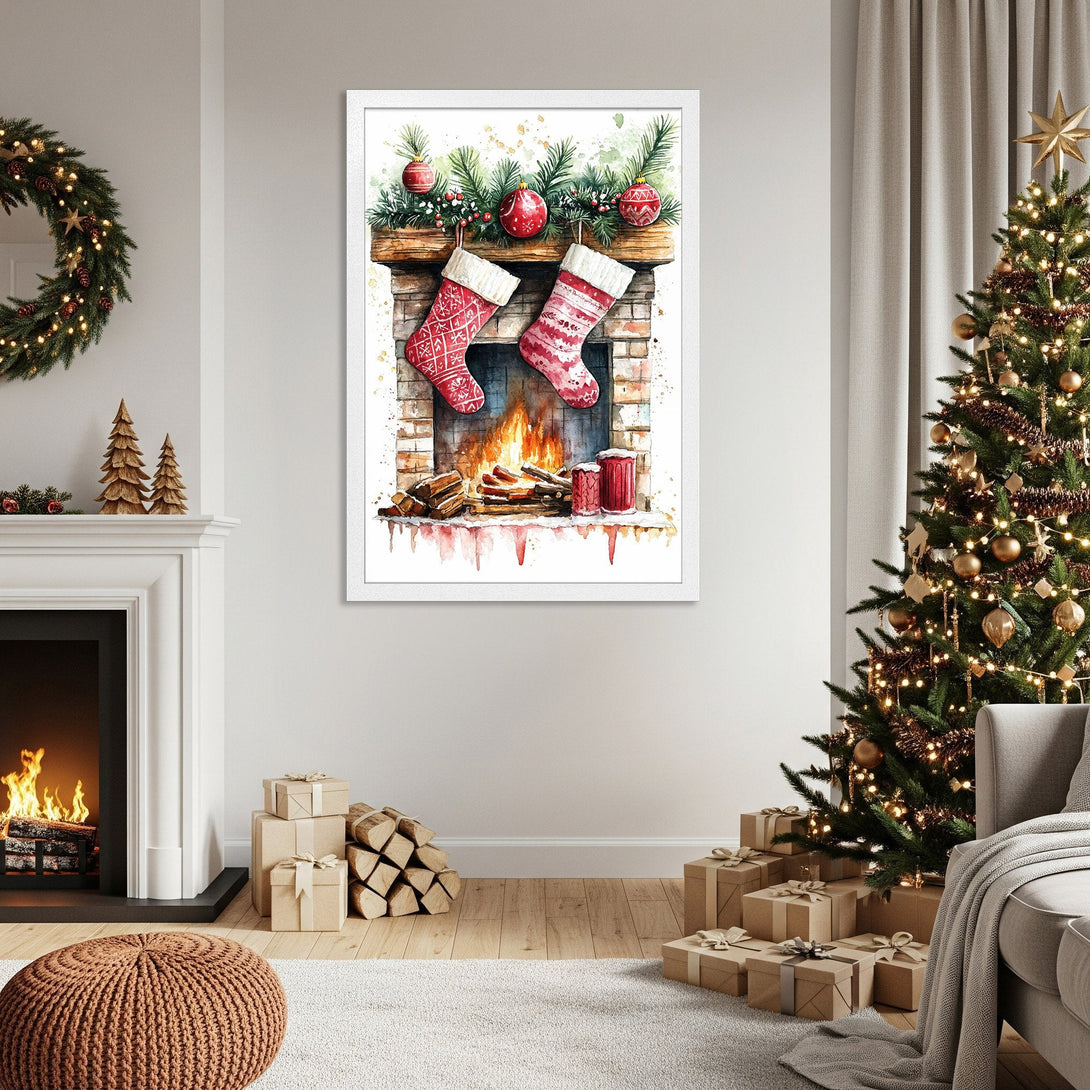 Framed Poster featuring a watercolor Christmas fireplace scene in red and green, perfect holiday decor.