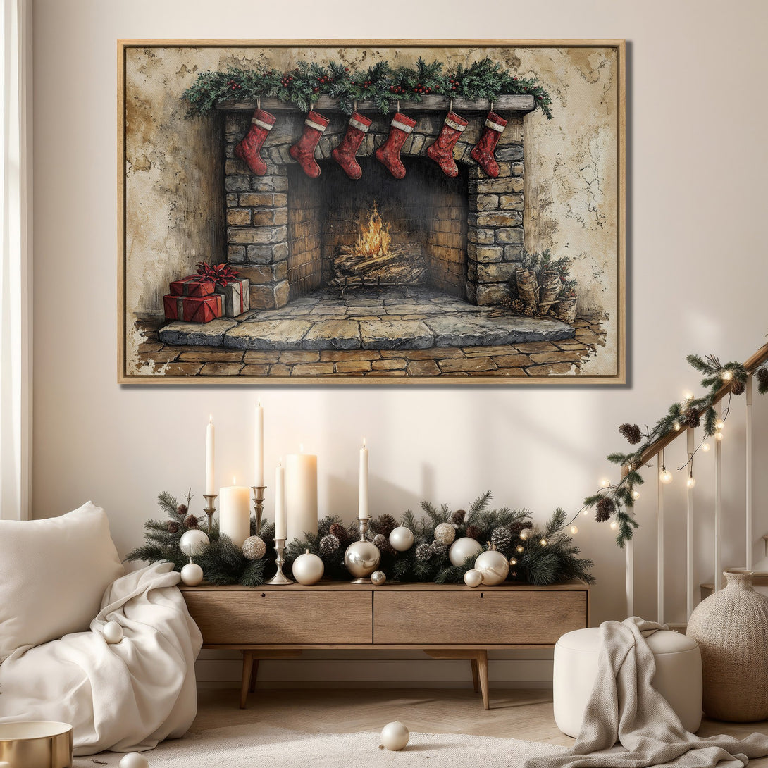 Framed Wall Art: Cozy Christmas fireplace scene in warm tones. Rustic style Canvas Print with red stockings, perfect for holiday home decor.