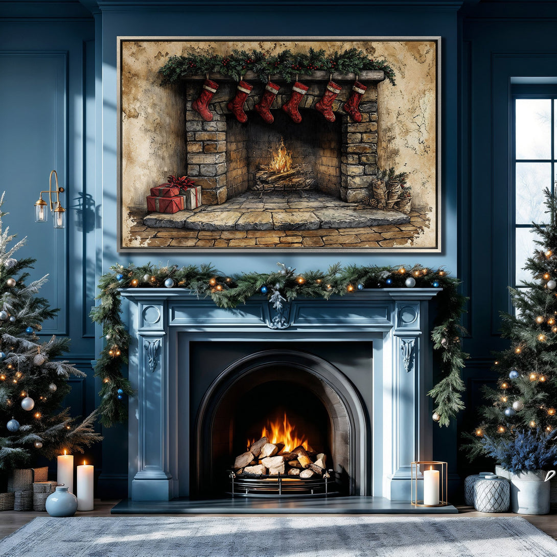 Framed Wall Art: Cozy Christmas scene with a fireplace, stockings, and warm color palette. Perfect for holiday decor!