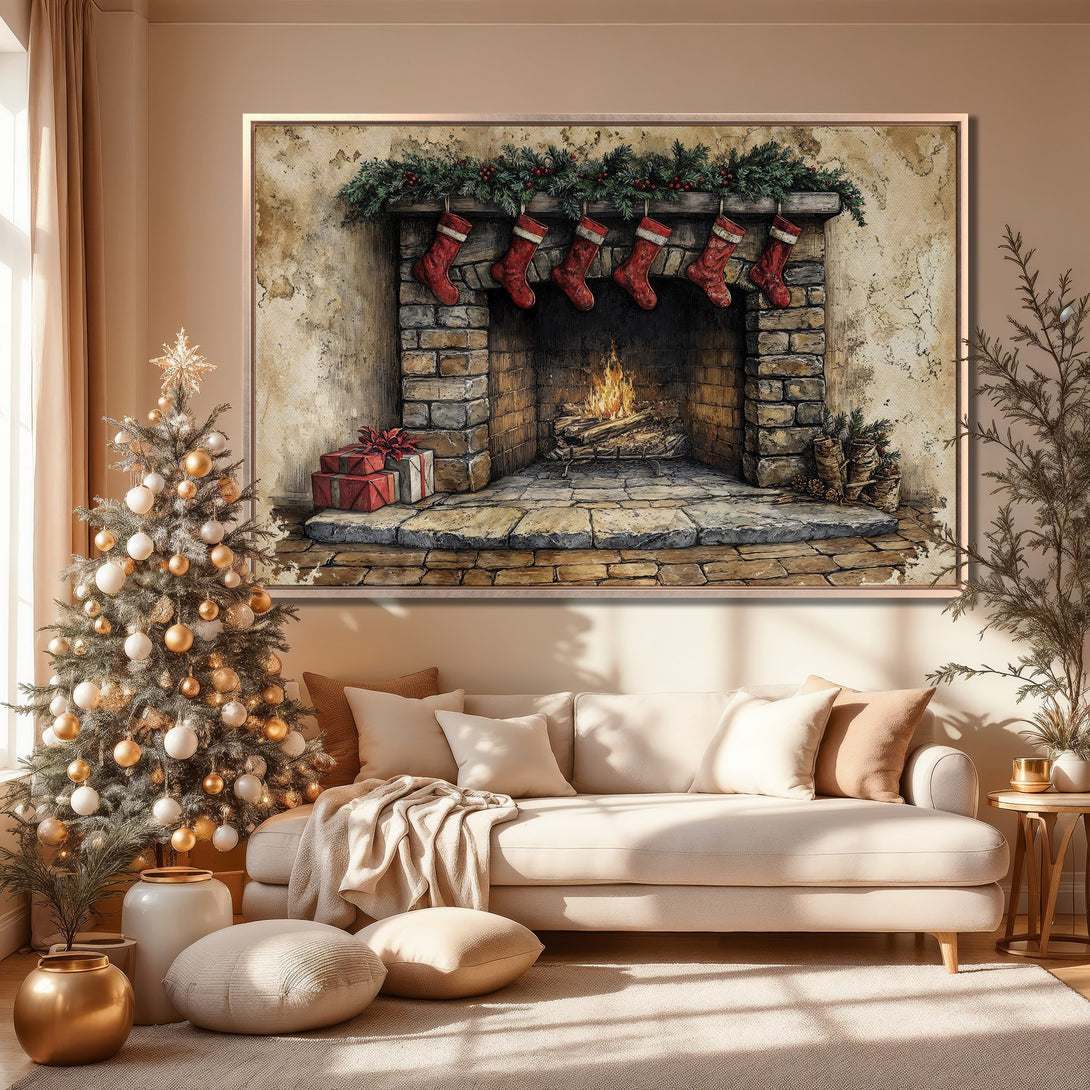 Framed Wall Art: Cozy Christmas scene with a fireplace, stockings, and warm neutral tones. Perfect for holiday decor.