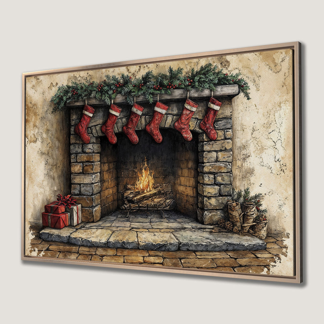 Framed Wall Art: Cozy Christmas scene with fireplace, stockings, and warm color palette. Rustic style Canvas Print perfect for holiday decor.