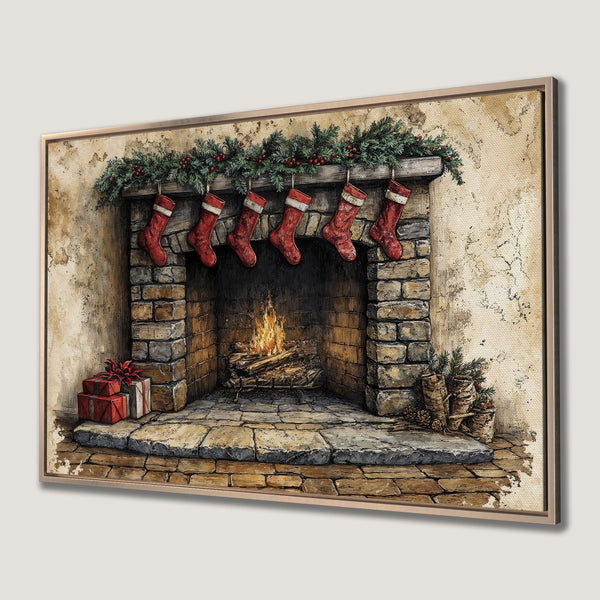 Framed Wall Art: Cozy Christmas scene with fireplace, stockings, and warm color palette. Rustic style Canvas Print perfect for holiday decor.