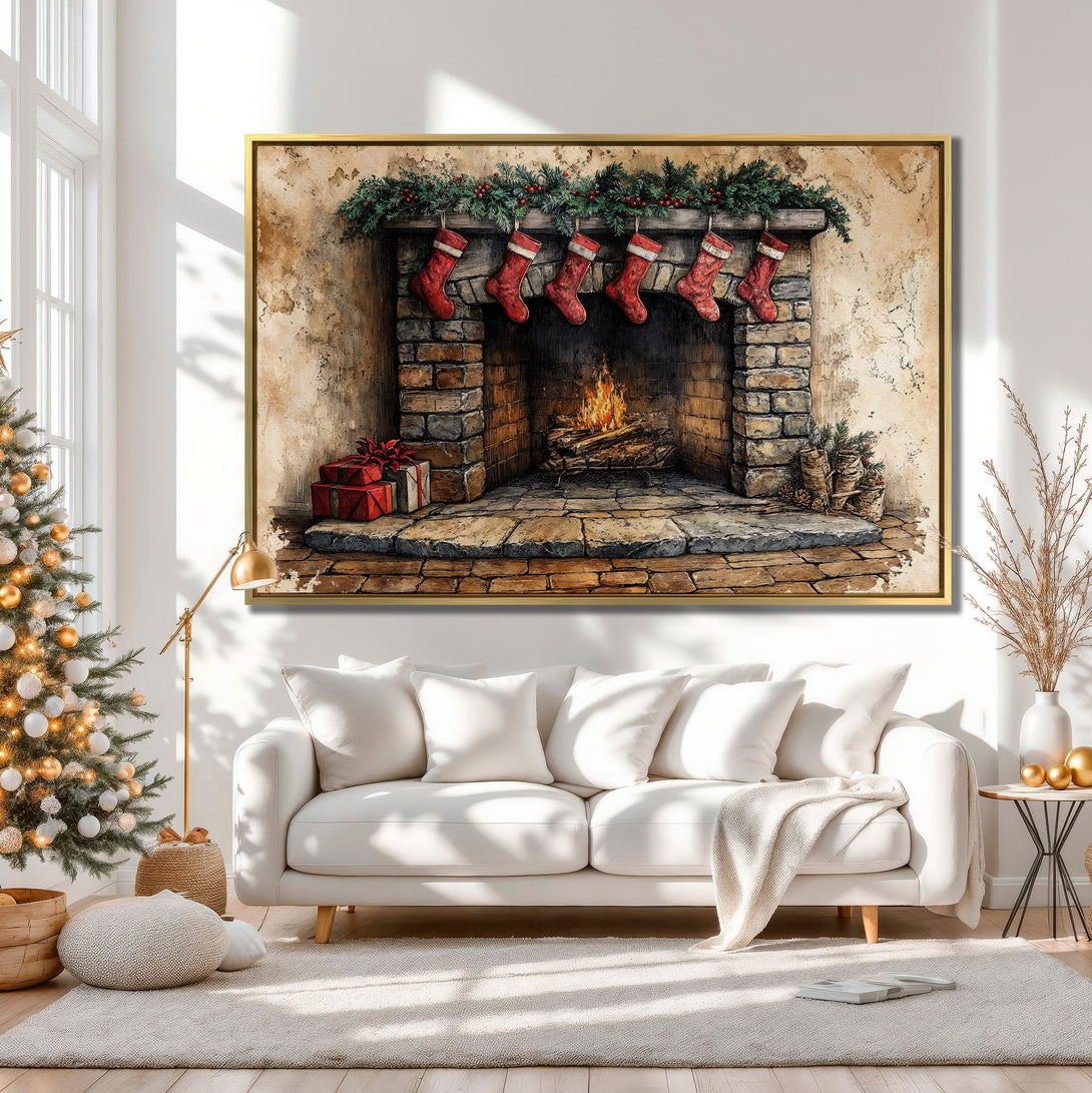 Canvas Print of a cozy Christmas fireplace scene in warm, neutral tones. Rustic style with red stocking accents, perfect holiday wall art.