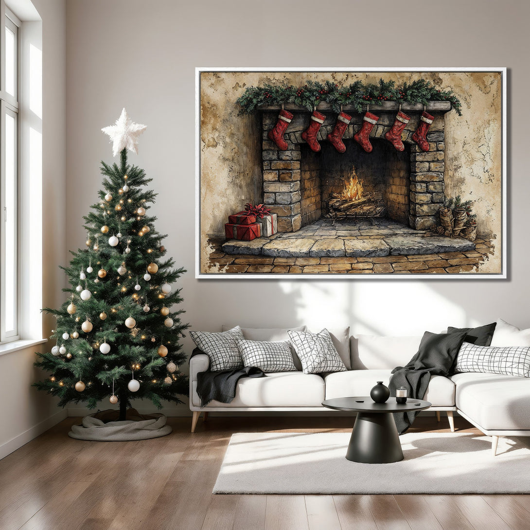 Framed Wall Art: Cozy Christmas fireplace scene in warm, inviting colors. Rustic style canvas print perfect for holiday decor.