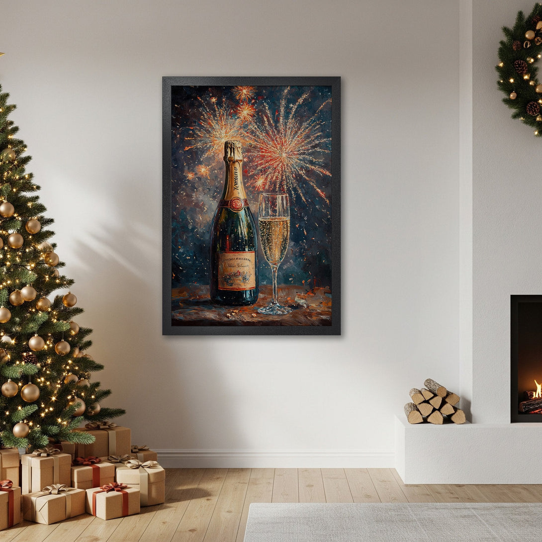 Framed Poster featuring a champagne bottle and fireworks, perfect for holiday decor. Rich, warm color palette.