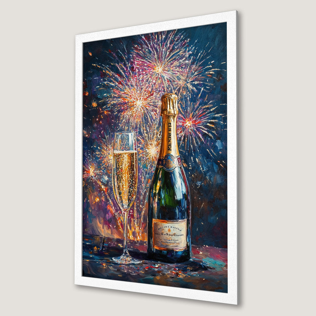 Framed Poster: Champagne bottle & fireworks art. Vibrant colors & impressionist style. Perfect for celebrations! Add a touch of luxury.