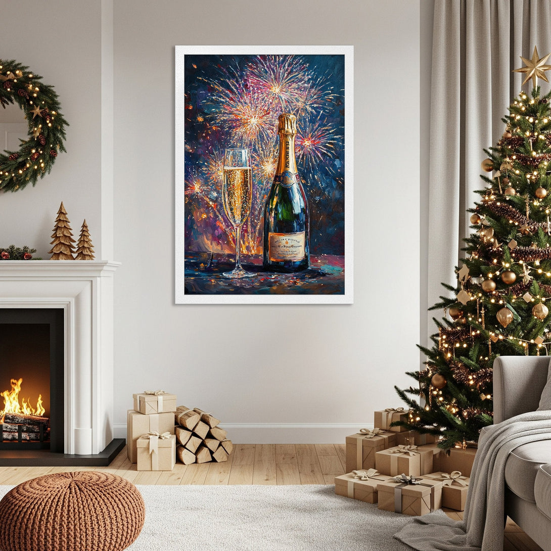Framed Poster featuring champagne & fireworks, perfect for holiday decor. Impressionist style with a blue, gold, and red color palette.