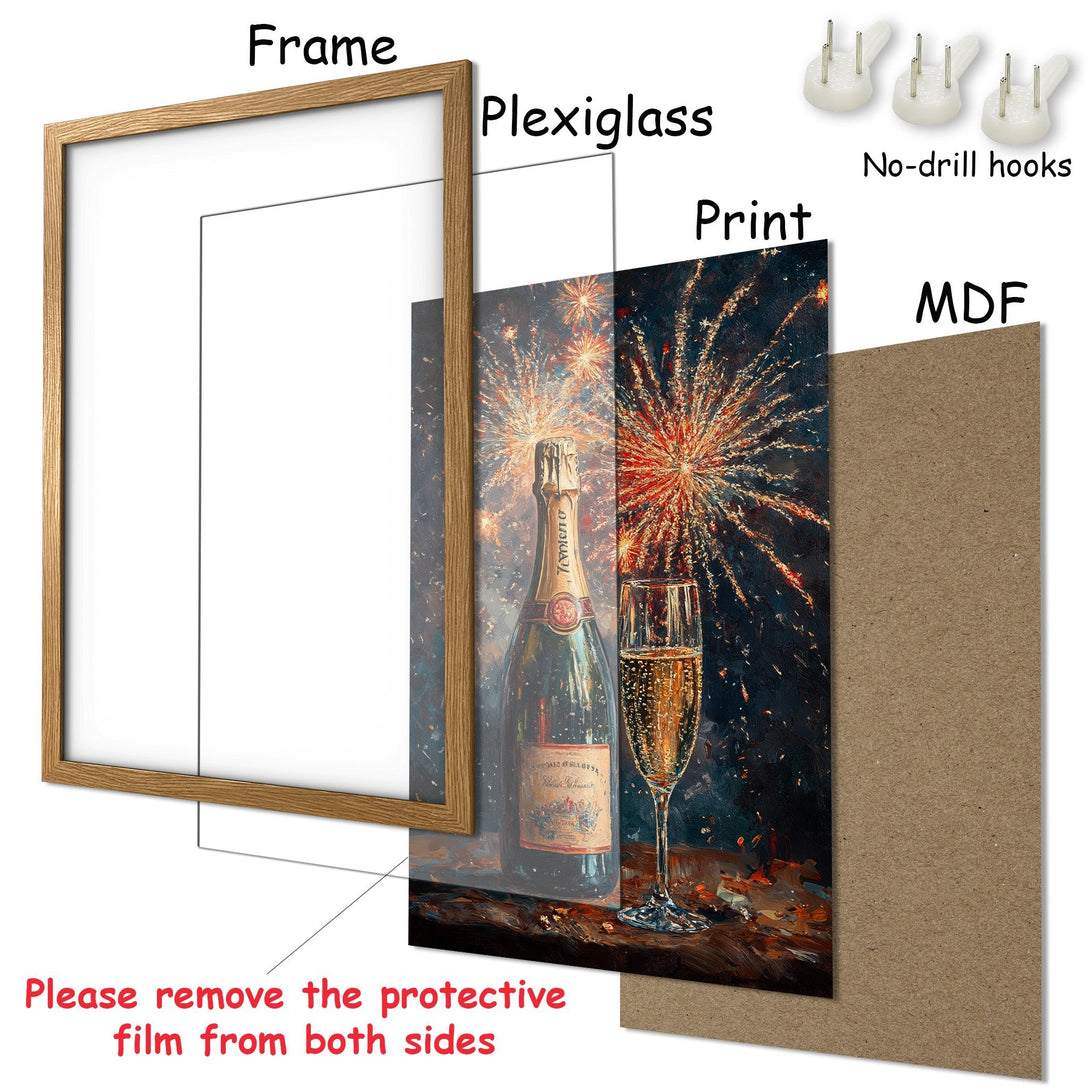 Framed Poster featuring champagne bottle and fireworks, vibrant colors. Perfect for celebrations! Ready to hang.