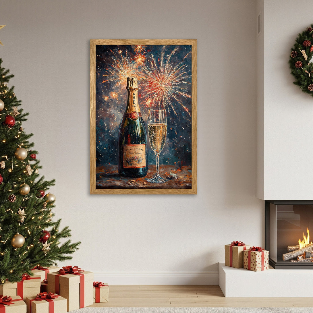 Framed Poster featuring champagne & fireworks, in a festive, painterly style with a blue & gold color palette. Perfect for holiday decor!