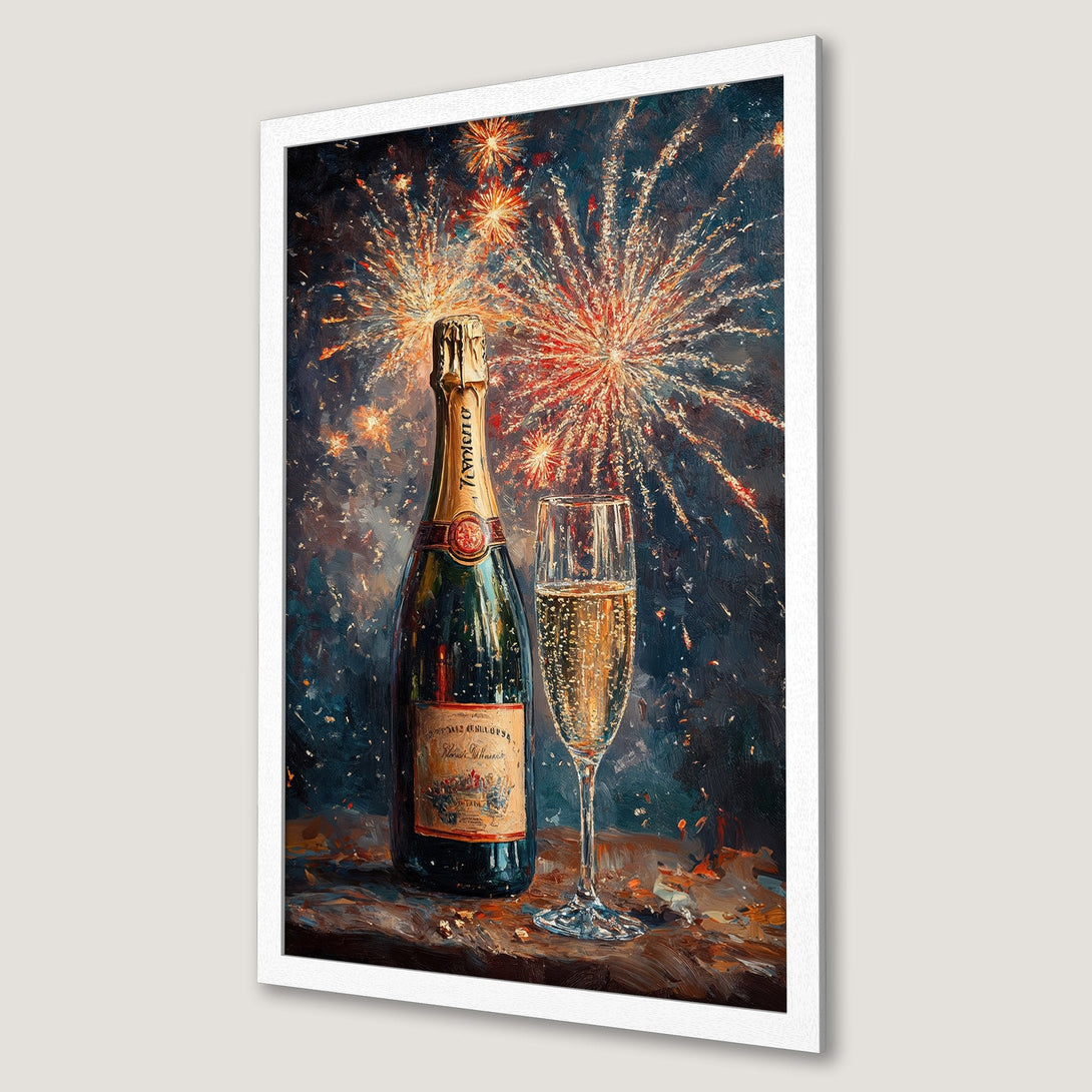 Framed Poster of champagne bottle and fireworks, oil painting style, dark blue and orange color palette. Perfect for celebrations!