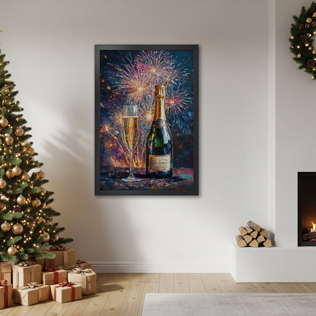 Framed Poster featuring champagne bottle & fireworks, impressionist style, vibrant color palette perfect for holiday decor.