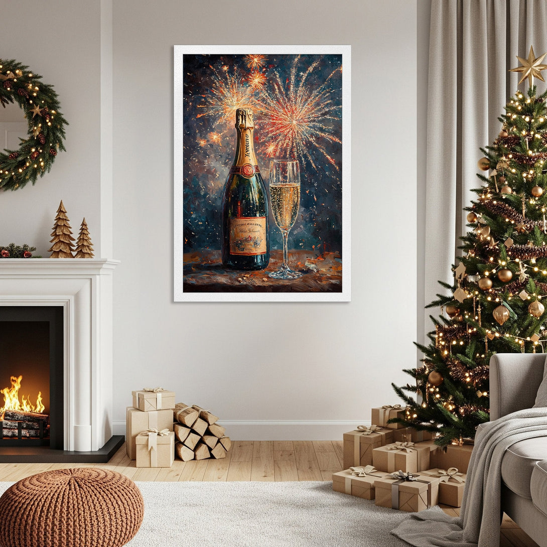 Framed Poster featuring champagne and fireworks, impressionistic style, festive color palette. Perfect holiday decor!