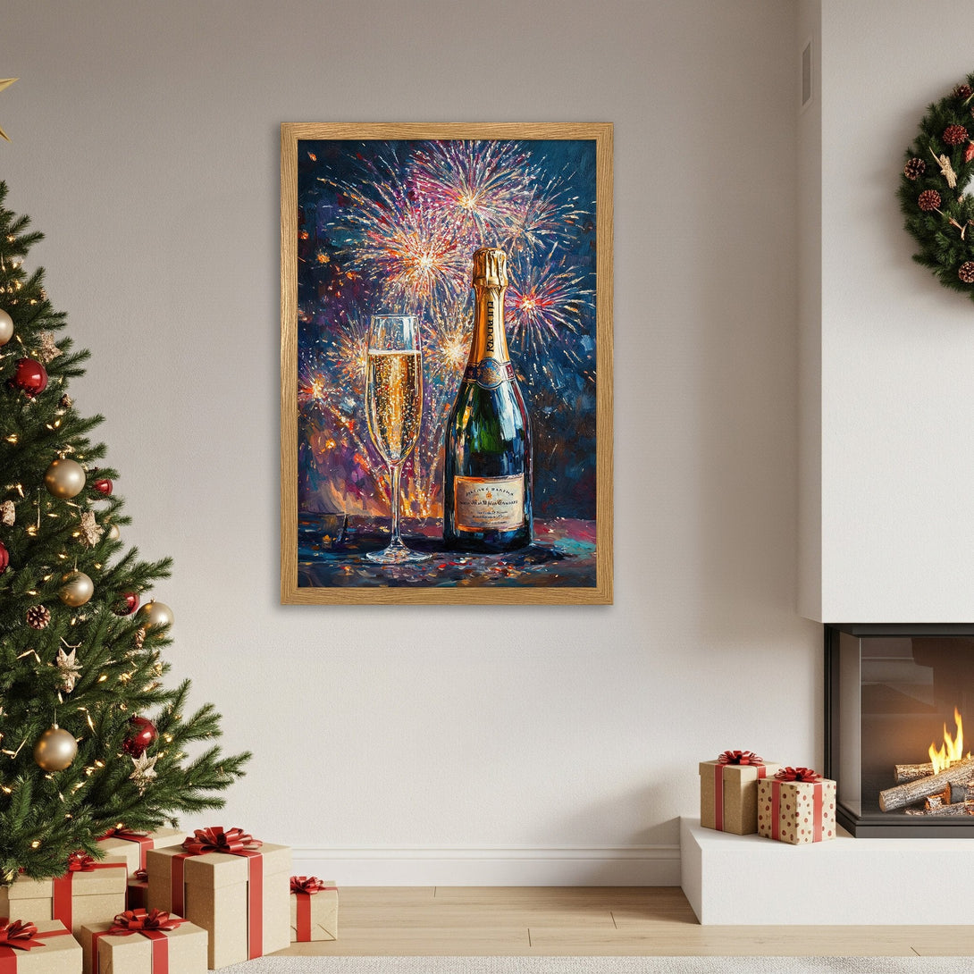 Framed Poster featuring champagne and fireworks, a vibrant painting style with a dark blue and gold color palette. Perfect for holiday decor!