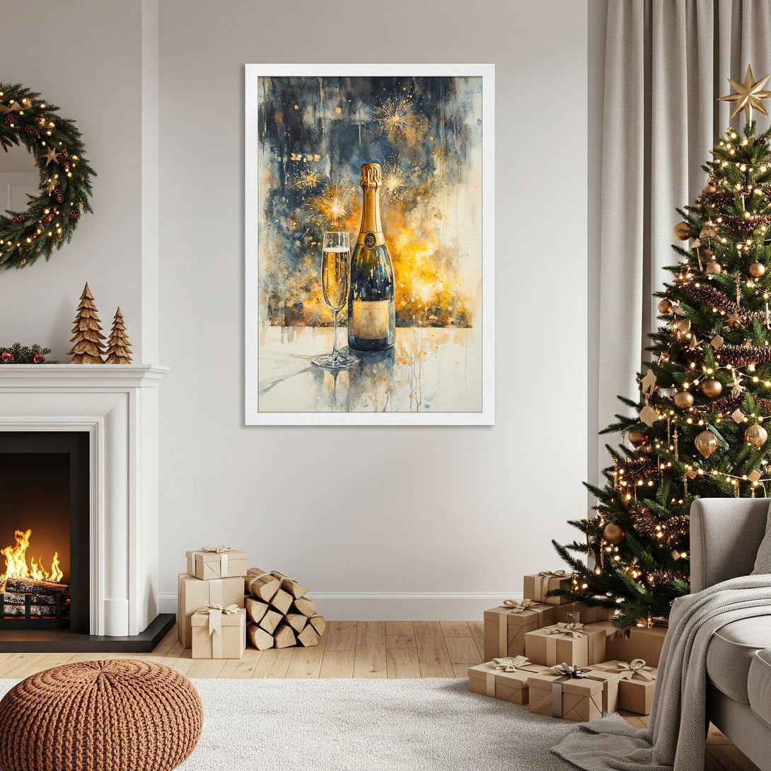 Framed Poster featuring a champagne bottle and glass in watercolor style with a warm, celebratory color palette. Perfect for holiday decor!