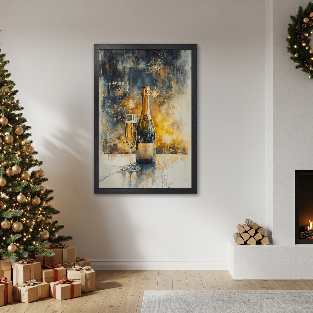 Framed Poster featuring a champagne bottle and glass in watercolor style, with a festive, warm color palette. Perfect for holiday decor!