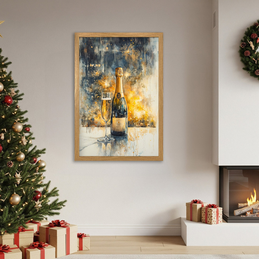 Framed Poster featuring a watercolor champagne bottle & glass. Festive art in blue, gold, and white. Perfect holiday decor!