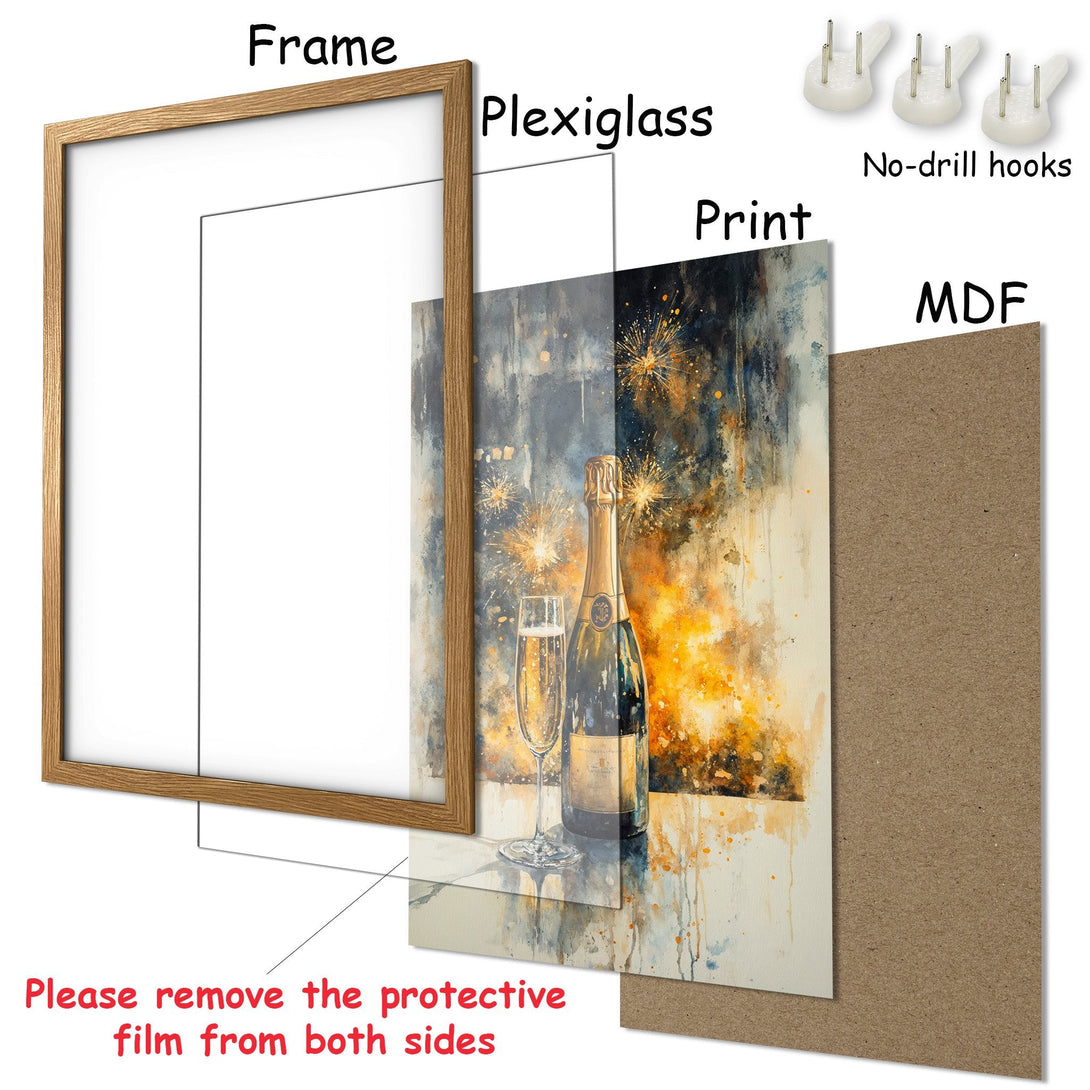 Framed Poster of champagne watercolor art. Elegant style with gold, blue, and beige tones. Perfect wall decor for any room.