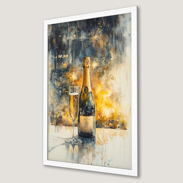 Framed Poster featuring a watercolor champagne bottle and glass. Elegant art with a gold, blue, and yellow color palette. Perfect for home decor!