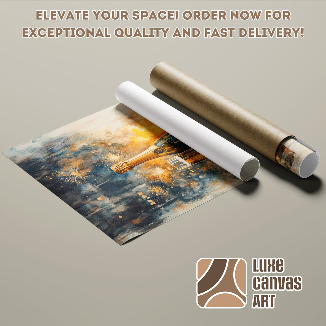 Champagne bottle poster roll, watercolor style, gold and blue color palette. Elevate your space!