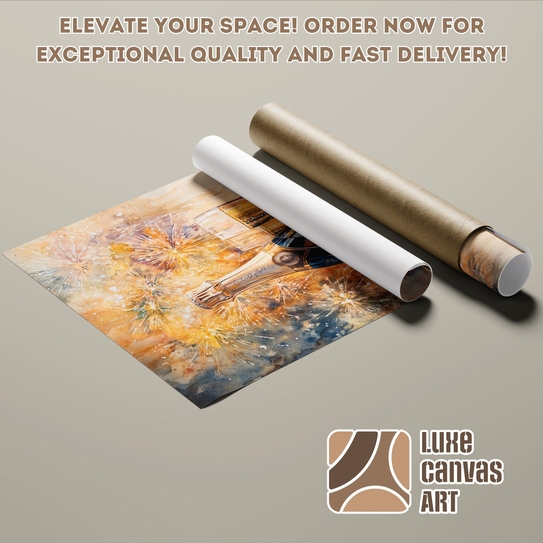Champagne bottle watercolor poster roll. Warm gold, orange, and blue tones. Elevate your space!