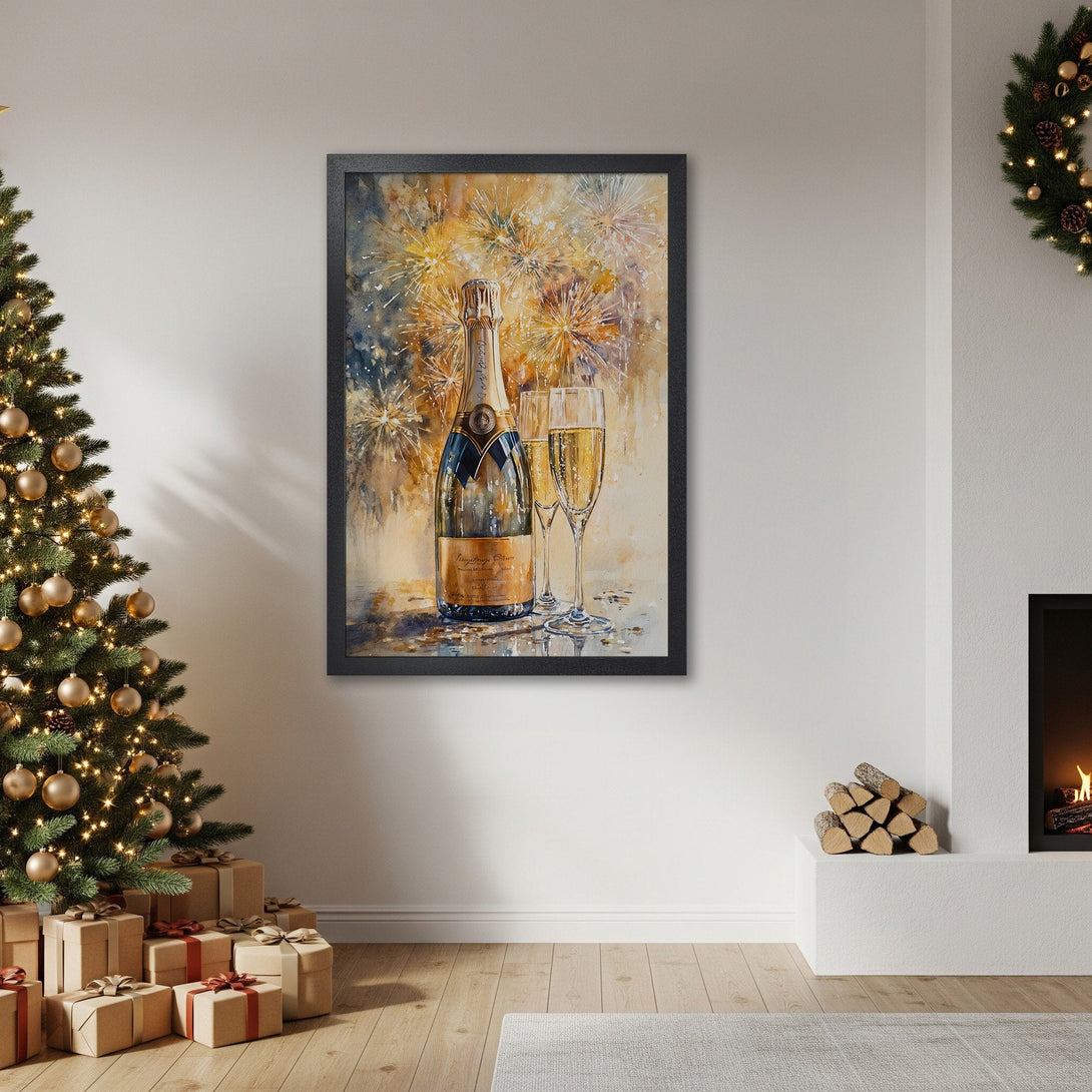 Framed Poster featuring a champagne bottle and glasses in a watercolor style. Warm gold and blue color palette, perfect for holiday decor.
