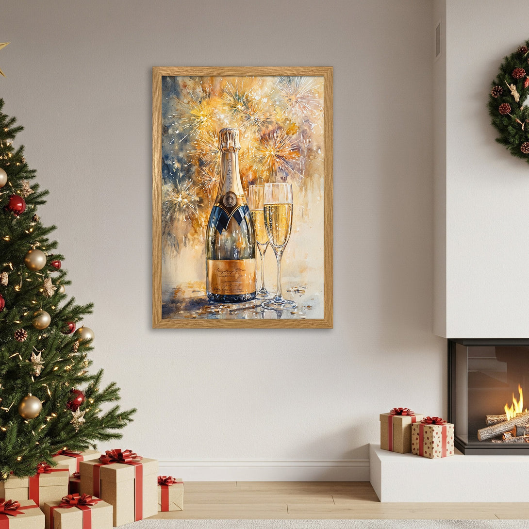 Framed Poster featuring champagne bottle and fireworks in watercolor style, warm gold and blue color palette, perfect for holiday decor.